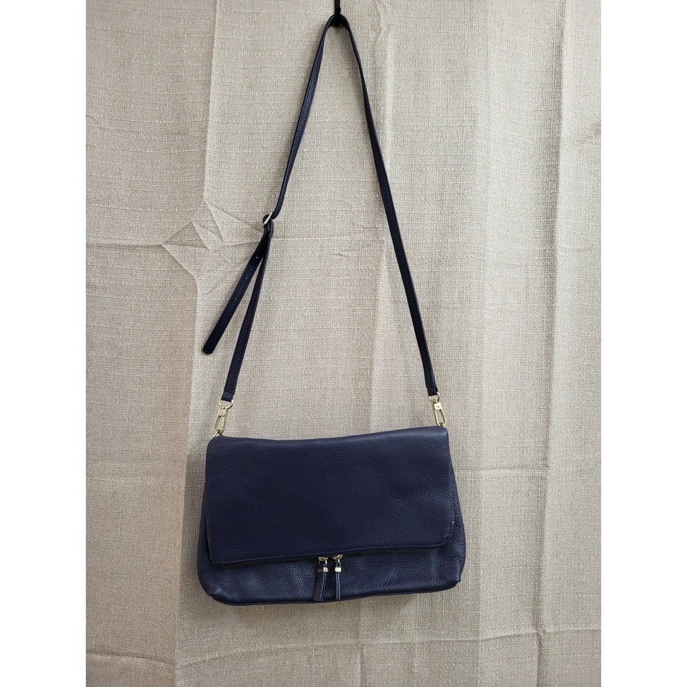 Talbots Navy Blue Pebbled Leather Foldover Crossbody Bag Gold Hardware